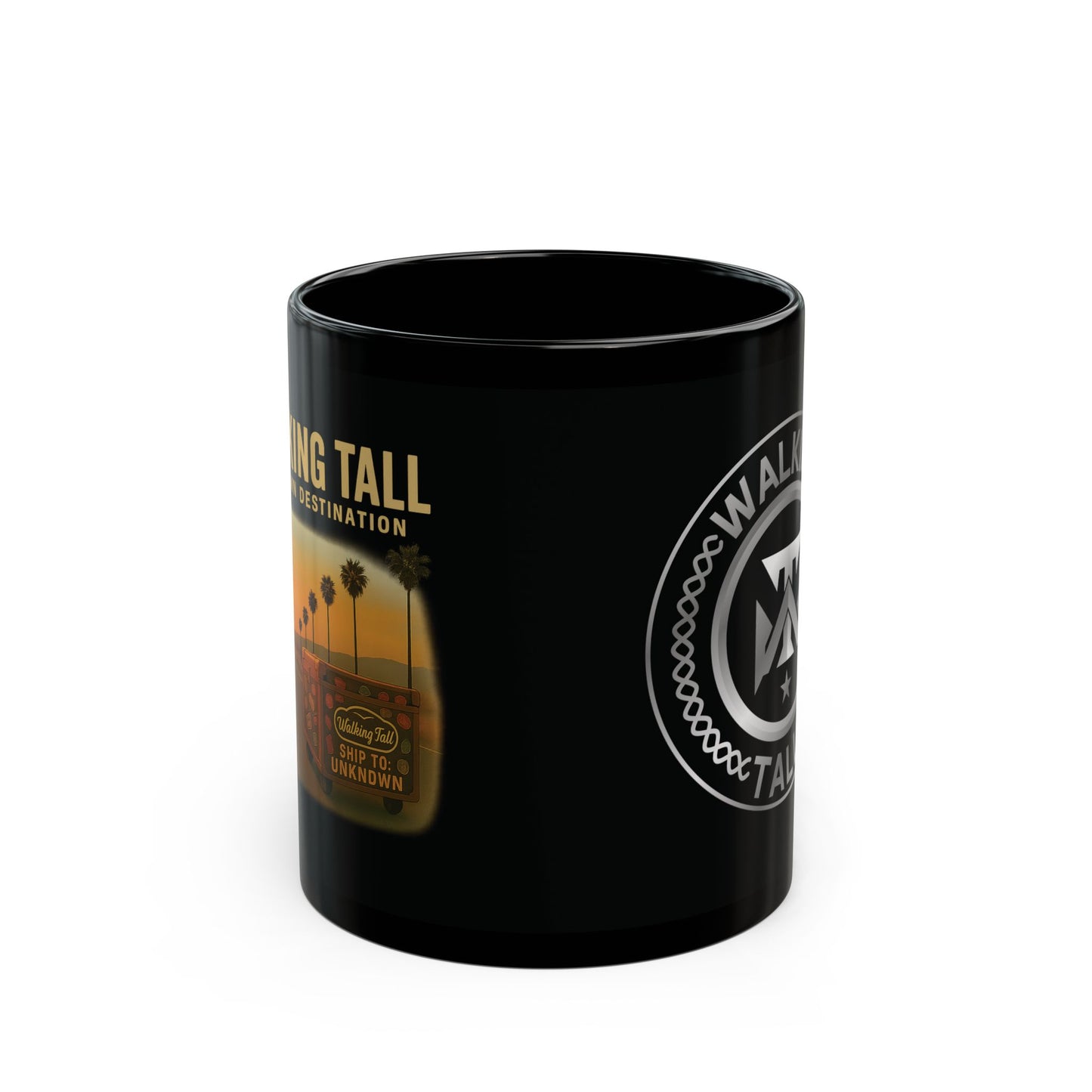 Walking Tall Mug-Black Coffee Mug, Crest Logo
