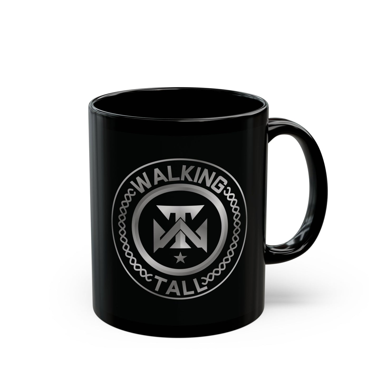 Walking Tall Mug-Black Coffee Mug, Crest Logo